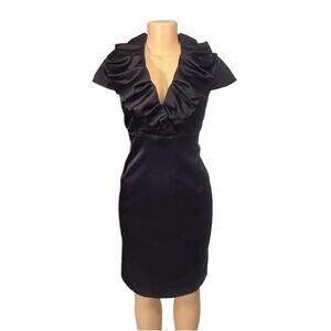 [NEW] Jessica Howard‎ Elegant Black Ruffle-Trim Satin Dress